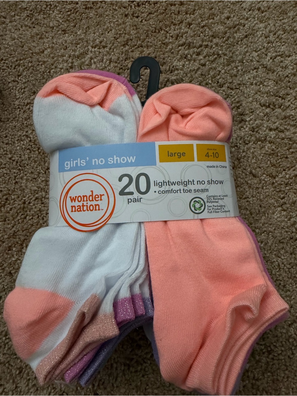 Wonder Nation Girls' Lightweight No Show Socks, 20-Pair Pack Large, Shoe Size 4